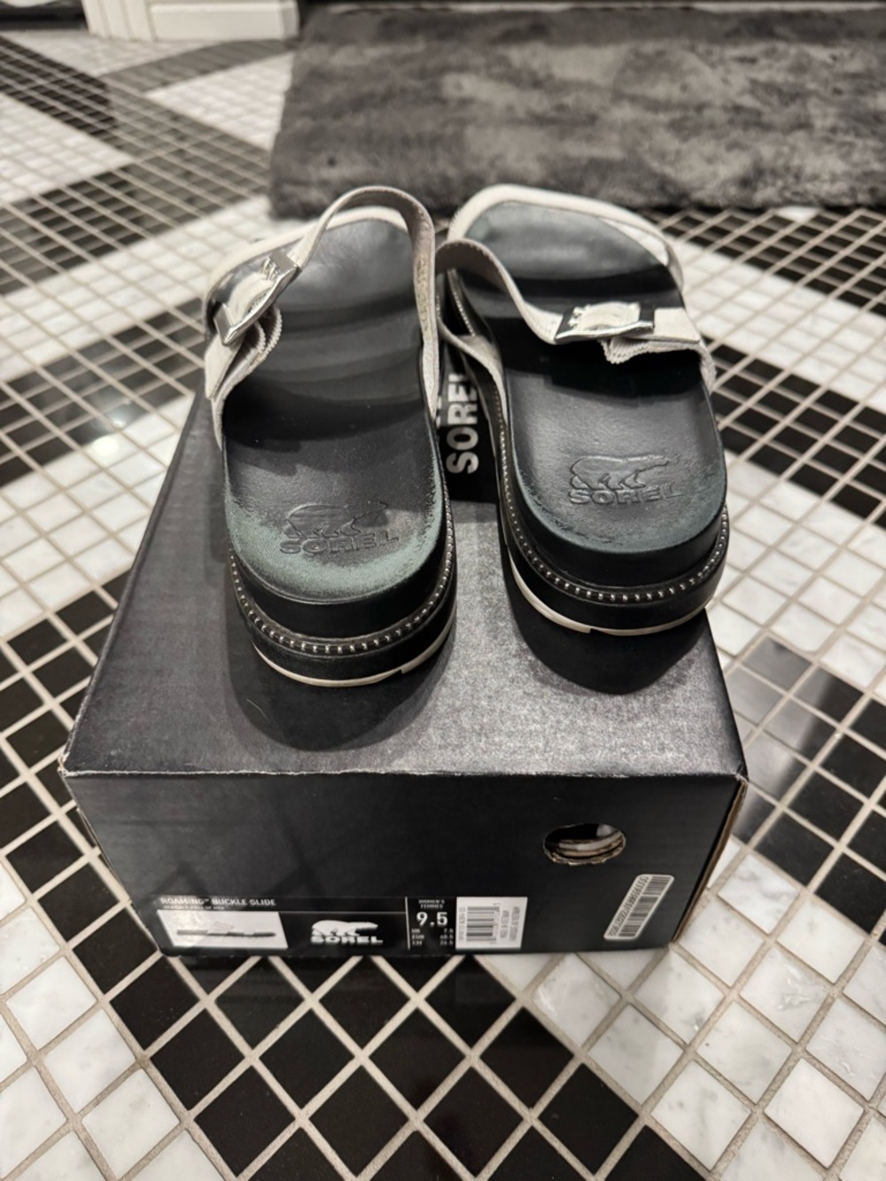 Womens Black & White Leather Slide Sandals with Buckle - Picture 3 of 5
